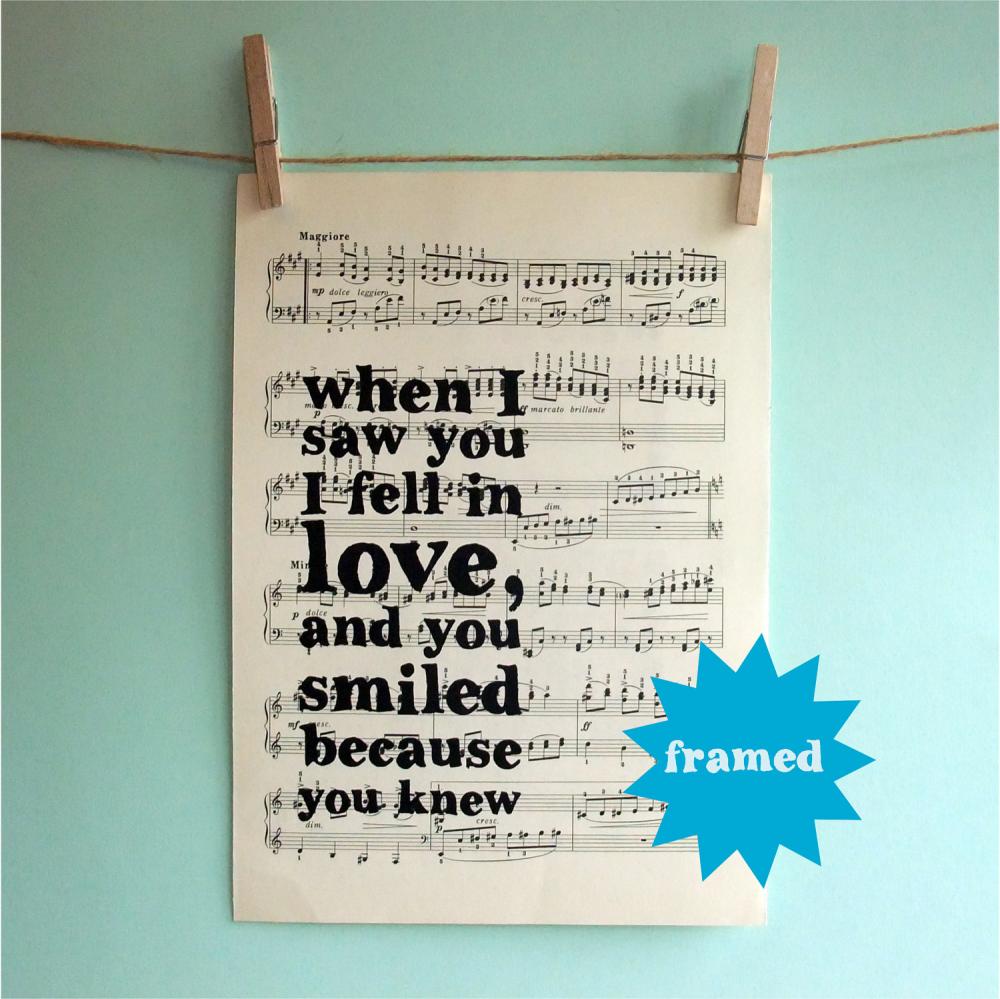 Romantic Inspirational Quote Typographic Framed Art Print On Vintage Sheet Music